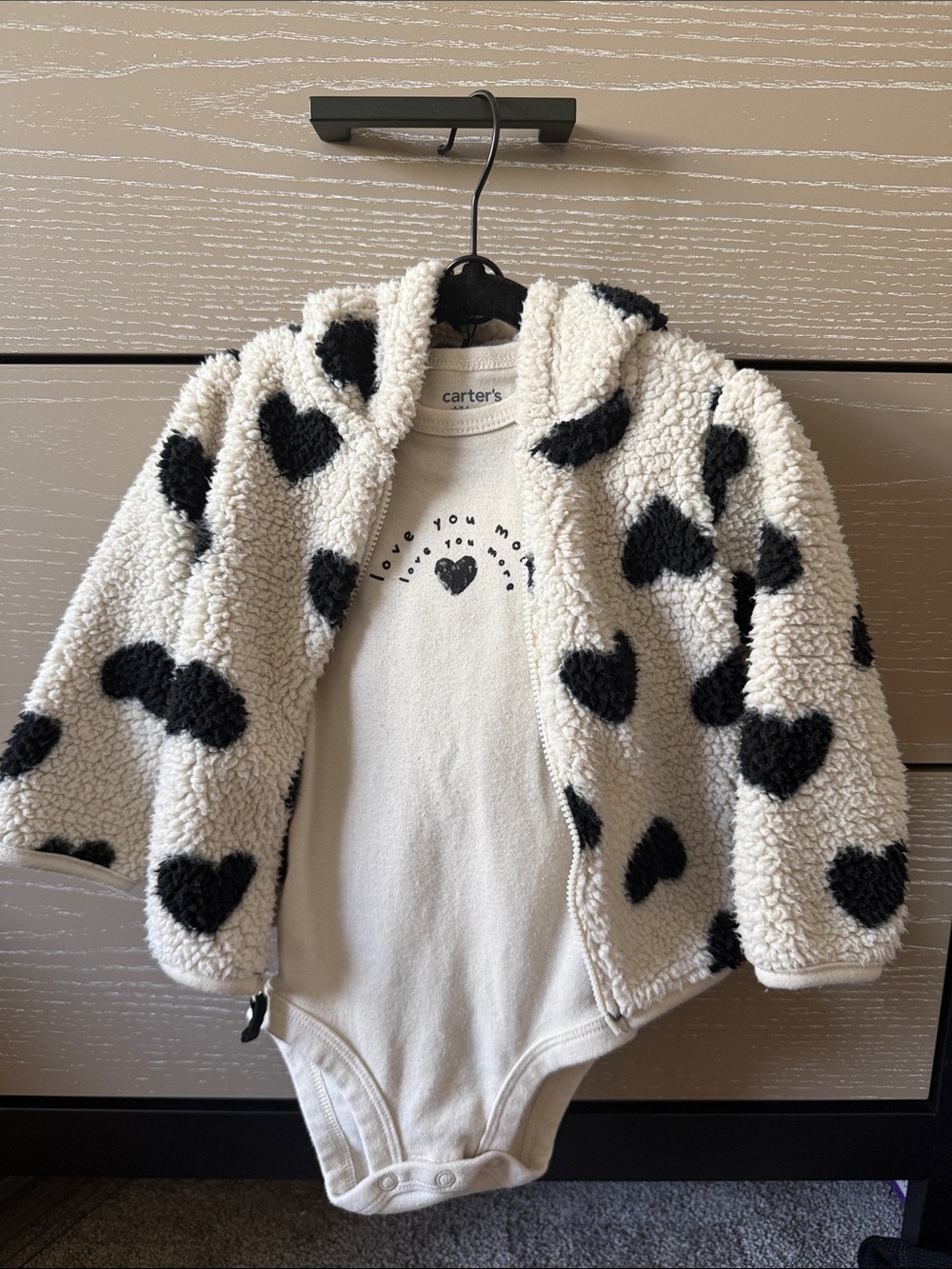 Carter's Black Heart Sherpa Jacket with Cream Bodysuit